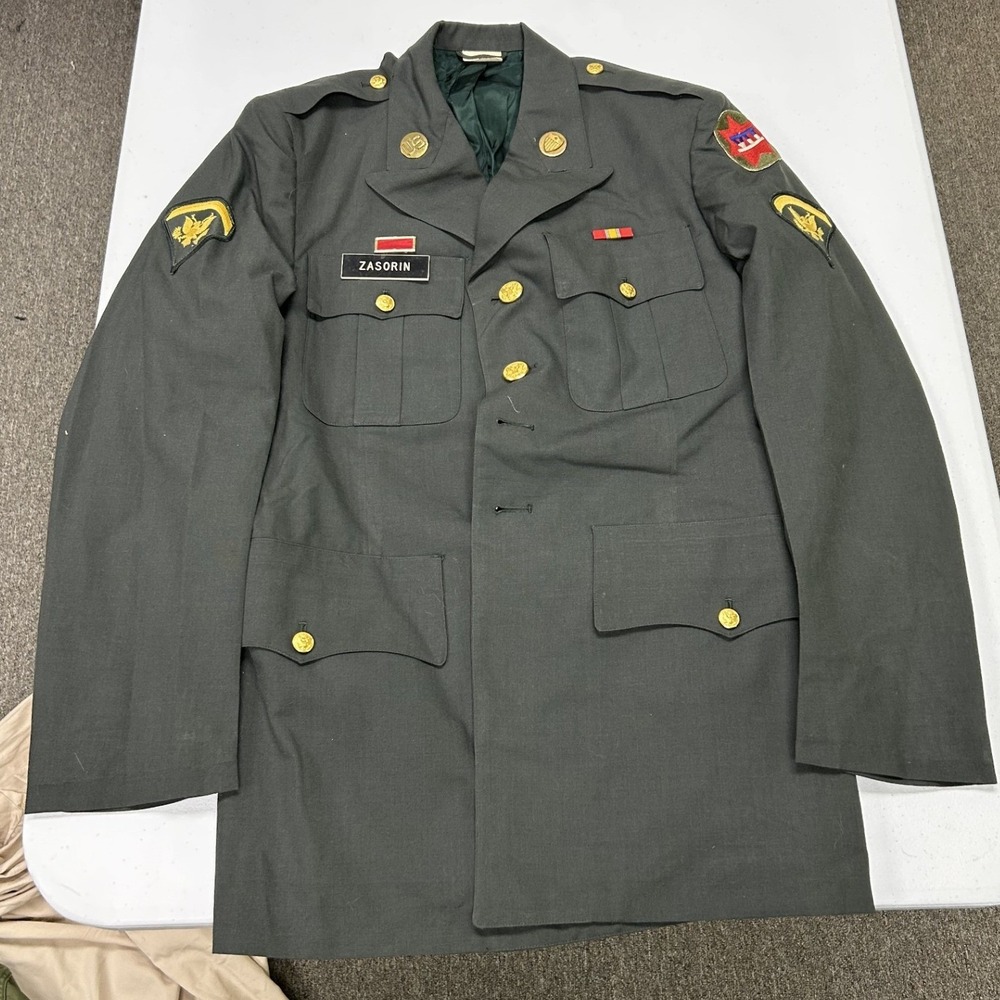 US Army Uniform Dress Coat Mens 39R Green AG-344 Tropical Wool Blend Patches H2